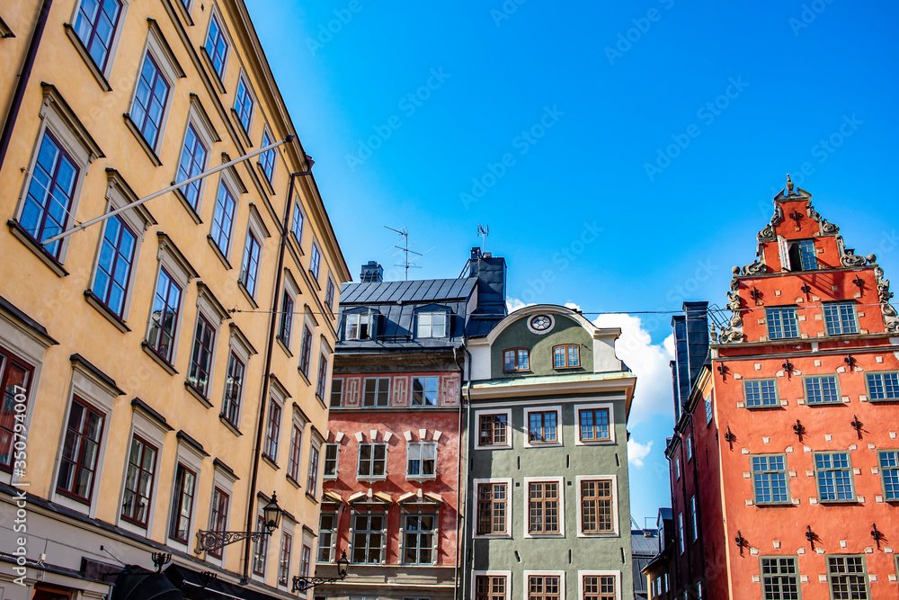 Colorful, Traditional Swedish Buildings Line the Point 0 Square in the Gamla Stan Neighborhood of Stockholm, Sweden