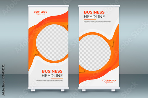 Business standee x-banner template design, advertising, banner poster brochure cover presentation, exhibition roll up banner vector blue red orange layout, flat creative flag-banner concept