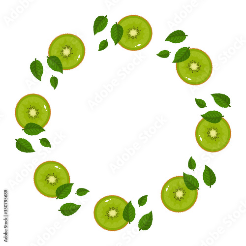 Wreath from green kiwi fruits with space for text. Cartoon organic sweet food. Summer fruits for healthy lifestyle. Vector illustration for any design.