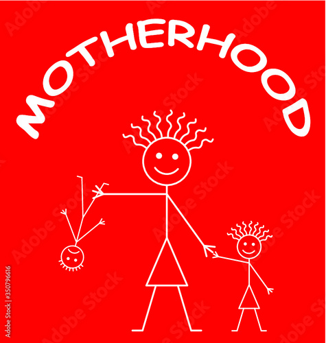 Comical representation of Motherhood with mother and two children isolated on red background