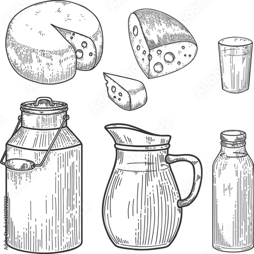 Illustration of milk bottles, cheese in engraving style. Farming dairy products. Design element for logo, label, emblem, sign, badge. Vector illustration