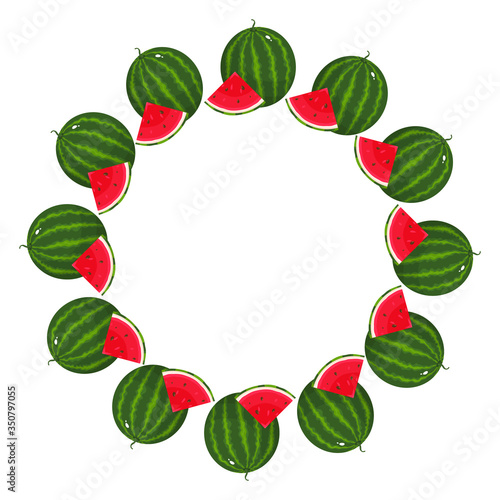 Wreath from watermelon with space for text. Cartoon organic sweet food. Summer fruits for healthy lifestyle. Vector illustration for any design.