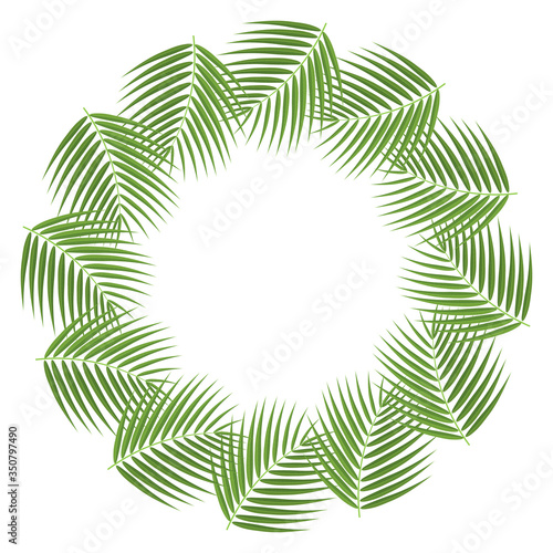 Wreath from cartoon detailed exotic coconut leaves with space for text. Cartoon organic sweet food. Summer fruits for healthy lifestyle. Vector illustration for any design.