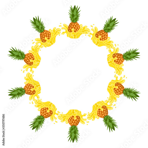 Fototapeta Naklejka Na Ścianę i Meble -  Wreath from pineapple juice splash with space for text. Cartoon organic sweet food. Summer fruits for healthy lifestyle. Vector illustration for any design.