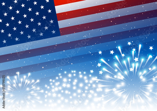 Independence day greeting card with American flag and fireworks on  night sky background