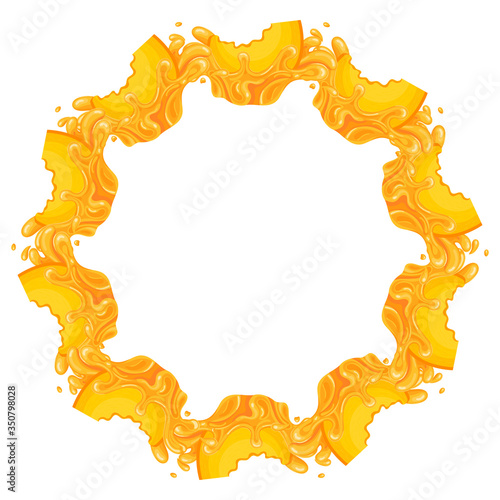 Wreath from bright peach fruit juice splash with space for text. Cartoon organic sweet food. Summer fruits for healthy lifestyle. Vector illustration for any design.