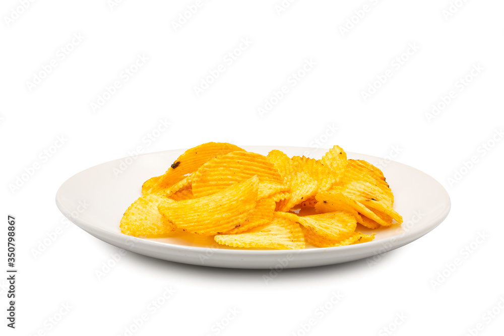 Potato chips on plate isolated on white background Potato chips on plate isolated on white background