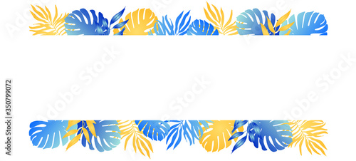 Trendy summer tropical palm leaves, plants. Cartoon style. Hawaiian summer.Space for text.Square frame.Bright jungle floral banner. Monstera, palm.Vector illustration isolated on white background