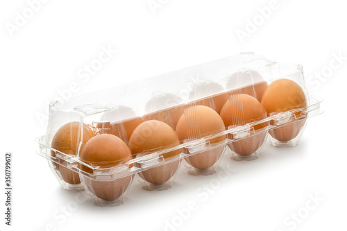 chicken eggs in box package on white background.