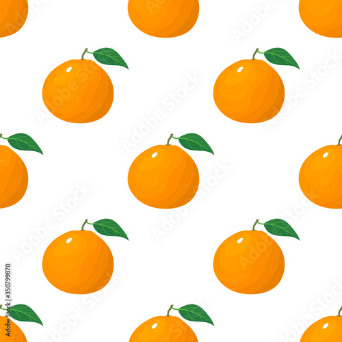 Seamless pattern with fresh bright exotic whole tangerine or mandarin isolated on white background. Summer fruits for healthy lifestyle. Organic fruit. Vector illustration for any design.