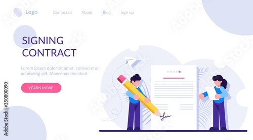 Concept of signing bilateral contract, making business deal, concluding agreement or treaty, signatory. Modern flat vector illustration.