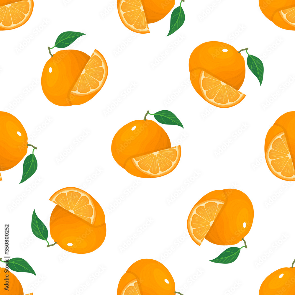 Seamless pattern with fresh bright exotic whole and slice tangerine or mandarin isolated on white background. Summer fruits for healthy lifestyle. Organic fruit. Vector illustration for any design. Seamless pattern with fresh bright exotic whole and slice tangerine or mandarin isolated on white background. Summer fruits for healthy lifestyle. Organic fruit. Vector illustration for any design.