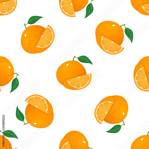 Seamless pattern with fresh bright exotic whole and slice tangerine or mandarin isolated on white background. Summer fruits for healthy lifestyle. Organic fruit. Vector illustration for any design.