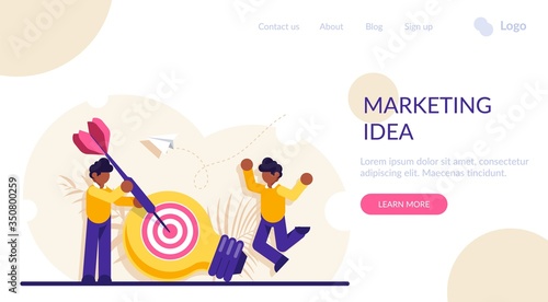 Concept of marketing idea generation  business innovation  creativity  goal achievement. People with a dart strikes a target. Modern flat vector illustration.