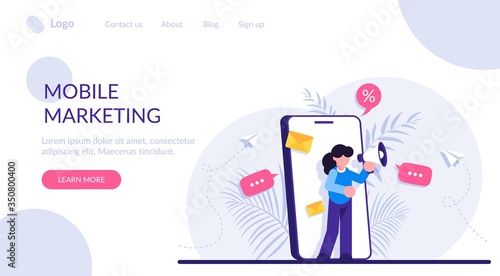 Concept of mobile advertisement, digital promotion, social media marketing or SMM. Woman with a megaphone on her phone screen. Modern flat vector illustration.