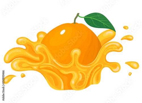 Fresh bright orange, mandarin or tagerine juice splash burst isolated on white background. Summer fruit juice. Cartoon style. Vector illustration for any design.