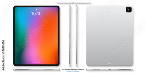 tablet silver color with colorful touch screen saver and stylus top view isolated on white background. flat lay realistic and detailed device mockup. stock vector illustration