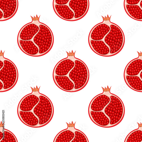 Seamless pattern with fresh bright exotic half pomegranate on white background. Summer fruits for healthy lifestyle. Organic fruit. Cartoon style. Vector illustration for any design.