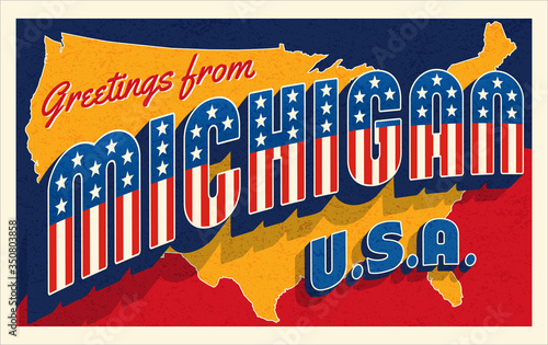 Greetings from Michigan USA. Retro postcard with patriotic stars and stripes lettering and United States map in the background. Vector illustration.