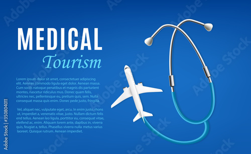 Medical tourism banner template with plane, realistic vector illustration.
