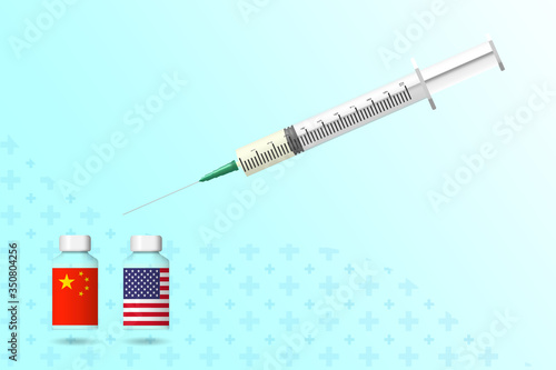 Chinese and american vaccine doses with flags on label and syringe 3D vector illustration