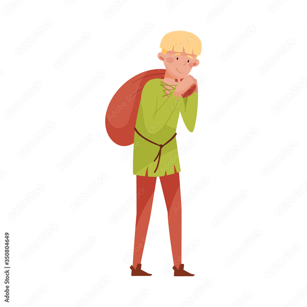 Medieval Peasant Carrying Sack on His Back Vector Illustration