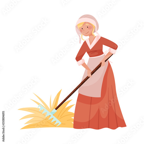 Young Medieval Female Peasant Carrying Hay with Rake Vector Illustration