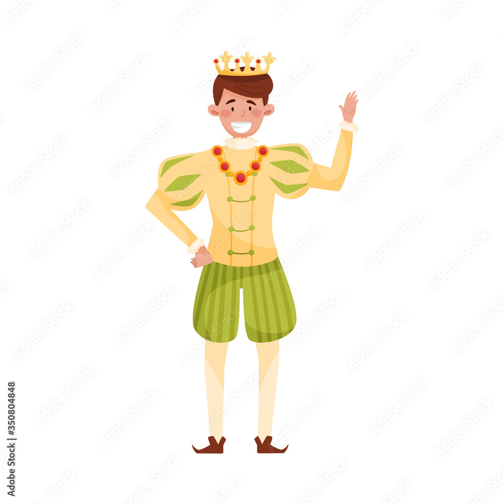 Young Prince with Golden Crown Standing and Waving Hand Vector Illustration