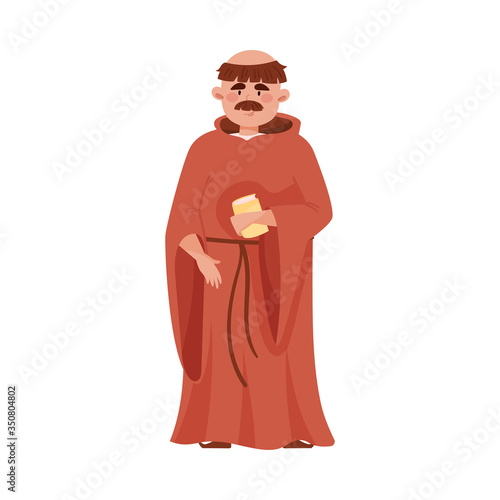 Fototapeta Priest or Monk Wearing Brown Hooded Gown Vector Illustration.
