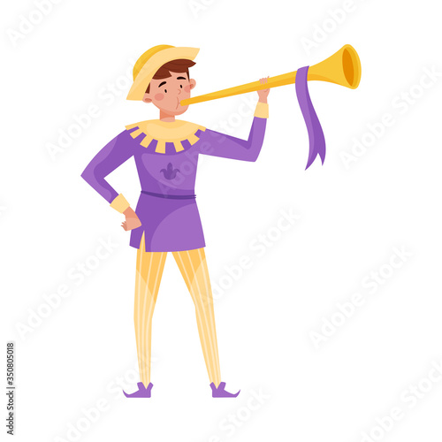 Young Medieval Bard or Minstrel Playing Musical Instrument Vector Illustration