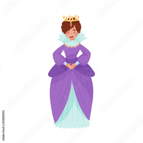 Queen with Golden Crown in Standing Pose Vector Illustration
