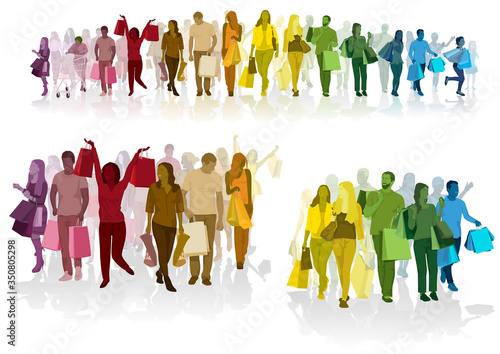 Colorful Crowd of Shopping People Carrying Shopping Bags with Purchases - Colored Set for Your Graphic Projects, Vector Illustration