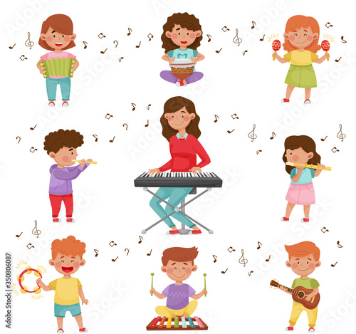 Happy Kids Playing Different Musical Instruments Vector Illustrations Set