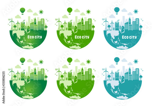 Green eco city vector illustration set ( ecology concept , nature conservation )