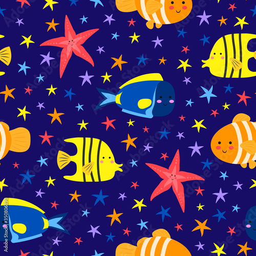 Octopus, jellyfish, squid, whale, dolphin, shark, turtle, puffer, clown fish, starfish. Cute cartoon sea animals. Icon set. Flat vector illustration isolated on white background.