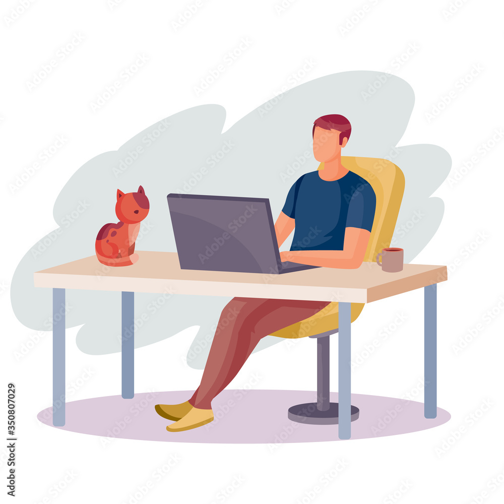 man working on a laptop sitting at a table on which a red cat sits, isolated object on a white background, vector illustration,