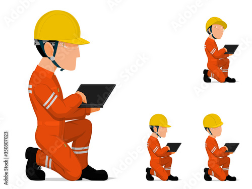 Set of industrial worker with laptop on white background