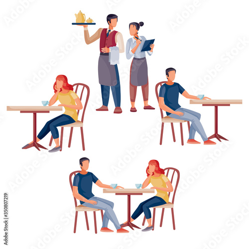 set of people who are sitting at coffee tables and waiters, isolated object on a white background, vector illustration,