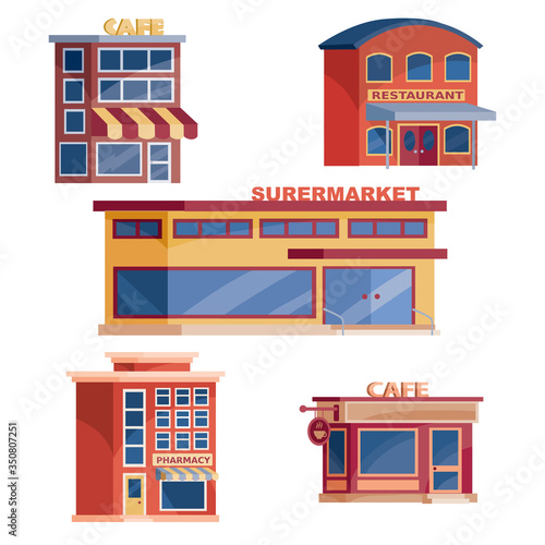 set of multi-storey buildings in which there are restaurants and cafes, isolated object on a white background, vector illustration,