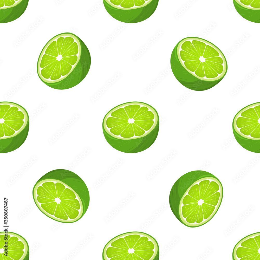 Seamless pattern with fresh bright exotic half lime fruit on white background. Summer fruits for healthy lifestyle. Organic fruit. Cartoon style. Vector illustration for any design.