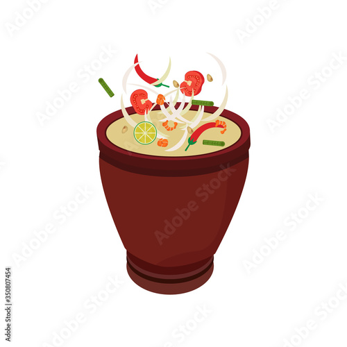 papaya salad with mortar and ingredients vector  illustration