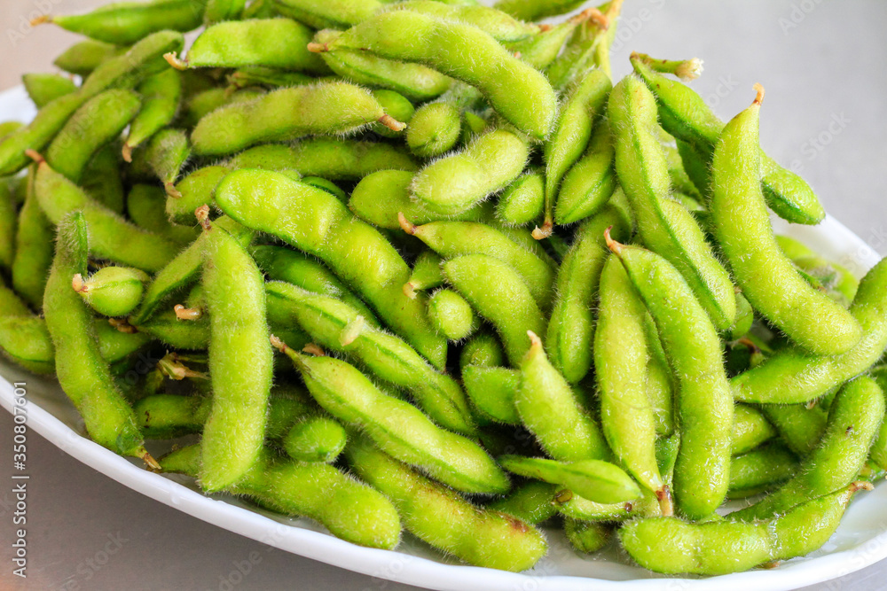 Chinese/Japanese food: A plate of Edamame close up Chinese/Japanese food: A plate of Edamame close up