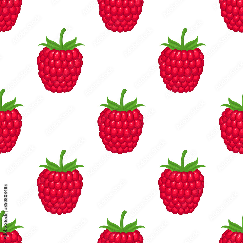 Seamless pattern with fresh bright exotic whole raspberry on white background. Summer fruits for healthy lifestyle. Organic fruit. Cartoon style. Vector illustration for any design. Seamless pattern with fresh bright exotic whole raspberry on white background. Summer fruits for healthy lifestyle. Organic fruit. Cartoon style. Vector illustration for any design.