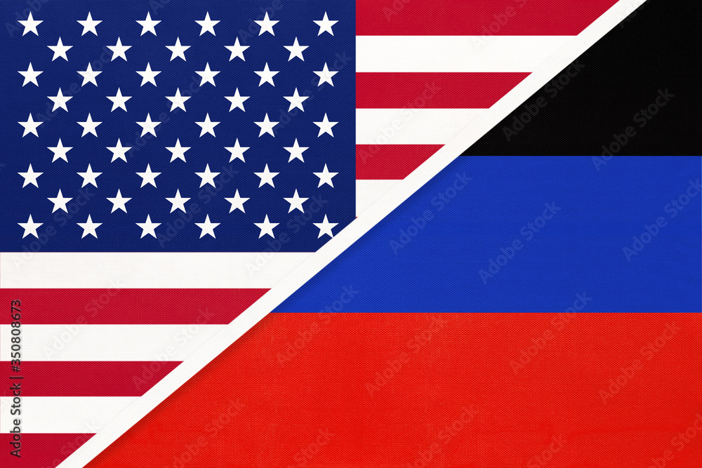 United States of America or USA and Donetsk People's Republic or DNR, symbol of two national flags from textile. United States of America or USA and Donetsk People's Republic or DNR, symbol of two national flags from textile.
