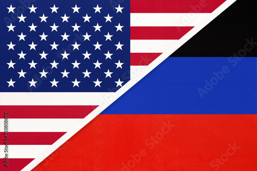 United States of America or USA and Donetsk People's Republic or DNR, symbol of two national flags from textile.