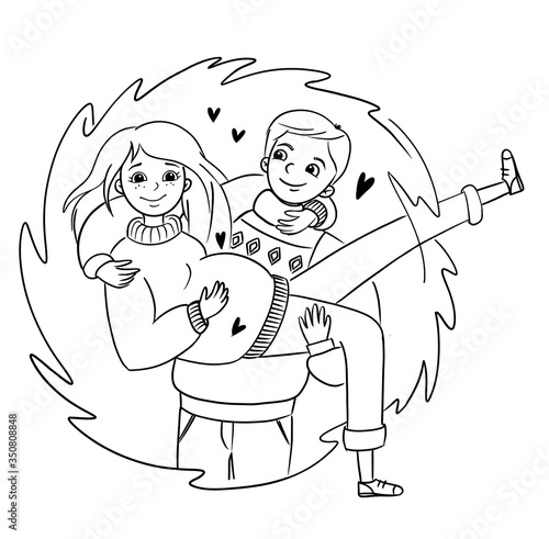 A young family is expecting a baby. The husband holds a pregnant wife in his arms. Contour digital illustration.