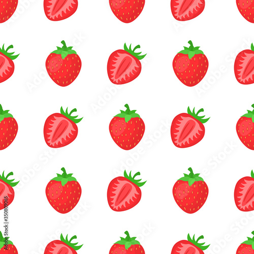 Fototapeta Naklejka Na Ścianę i Meble -  Seamless pattern with fresh bright exotic whole and half strawberries on white background. Summer fruits for healthy lifestyle. Organic fruit. Cartoon style. Vector illustration for any design.