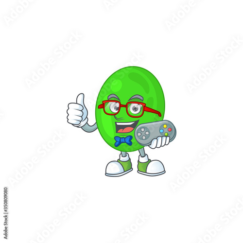 Cartoon mascot design of cocci play a game with controller