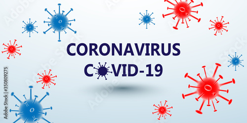 The white background image contains the inscription coronavirus, or the official designation COVID-19 and the virus is the color of the United States flag blue and red.