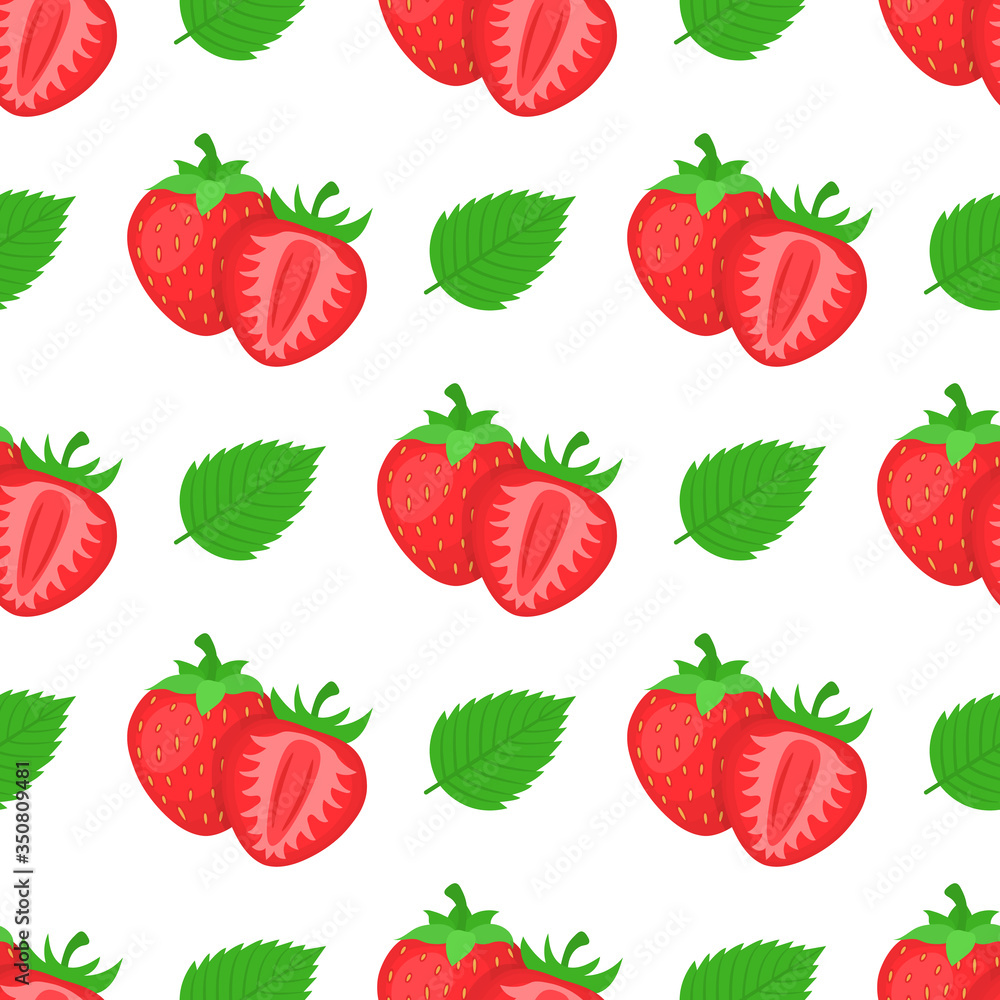 Seamless pattern with fresh bright exotic whole, half strawberries and leaves on white background. Summer fruits for healthy lifestyle. Organic fruit. Vector illustration for any design.